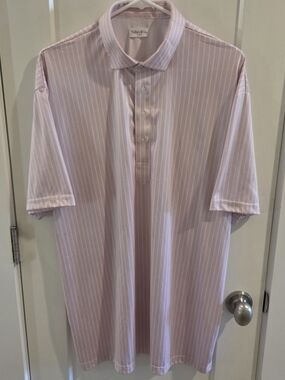Collars & Co Dress Collar Polo Shirt - Pink & Vertical White Stripes - Size XL